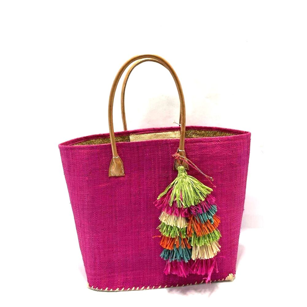 Mar Y Sol Ibiza Tassel Market Woven Wicker Tote Beach Bag Pink Multi NWT